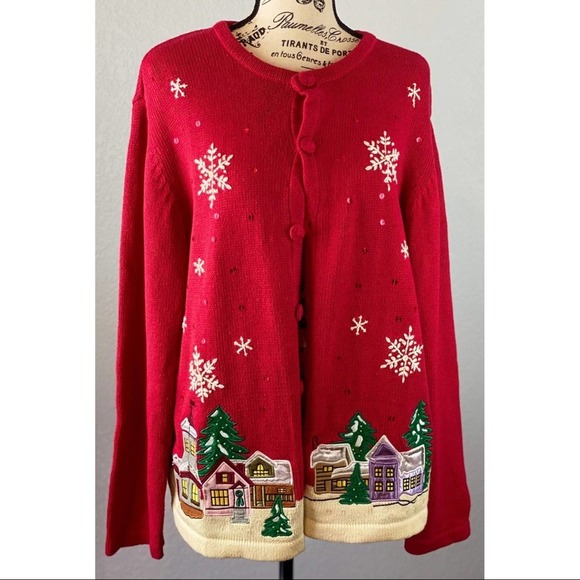 Holiday Editions Christmas Cardigan w/ Snowflakes & Town embroidery - size Large - Picture 1 of 7